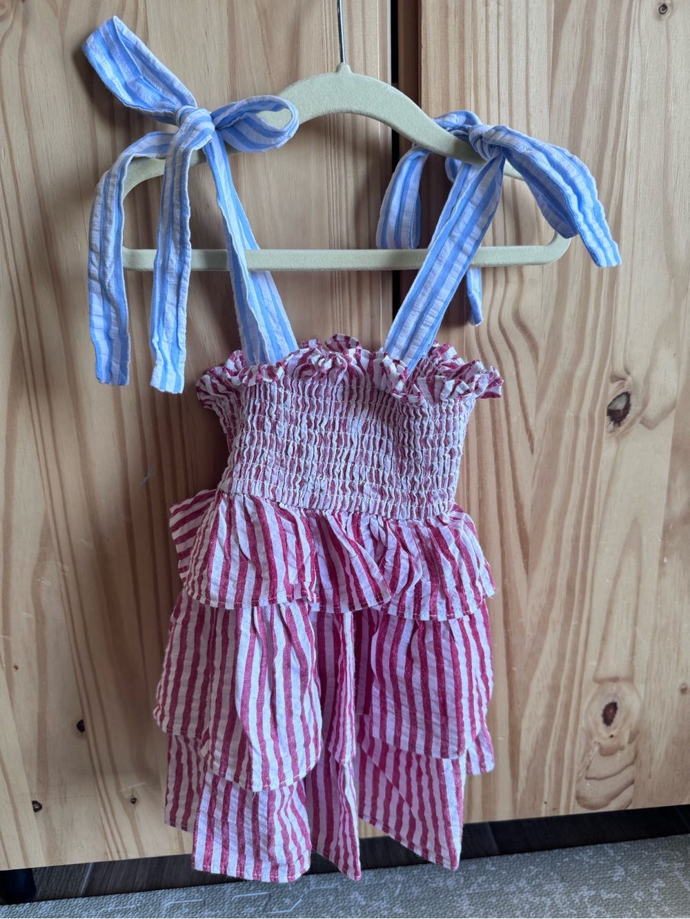 Red & White Striped Ruffle Sundress with Blue Tie Straps